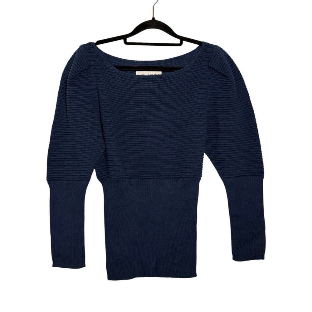 Mara Hoffman Navy Blue Cotton Puff Sleeve Boat Neck Ribbed Helena Sweater Small